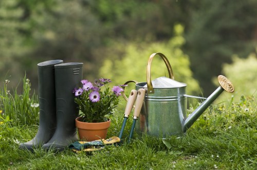 A close-up view of a garden scene featuring a pair of black rubber gardening boots standing upright on a well-maintained grassy lawn. Beside the boots, there is a small terracotta pot with purple and white flowers, adding a splash of colour to the setting. Next to the pot, a set of gardening tools, including a small hand rake, trowel, and pruners, are neatly arranged on the grass. A silver metal watering can with a curved handle and long spout is positioned nearby, suggesting readiness for watering plants. The background includes blurred greenery with trees and shrubs, indicating an outdoor garden environment. The overall scene is well-lit, with natural daylight highlighting the vibrant colours and textures of the various objects and surrounding vegetation, reflecting typical outdoor gardening activities in a tidy, landscaped garden area near Finsbury Park, London.